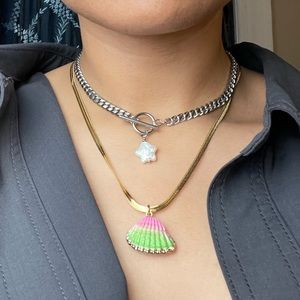 Seashell 🐚 ombre pink green pastel shell pendant gold plated chain layer boho